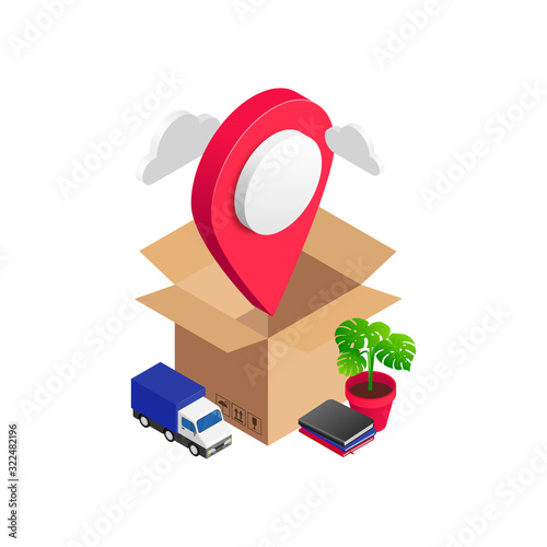 Isometric opened box with map pointer, van and home furniture isolated on whte background. 3D relocation service logo, transport company, moving to new house or office concept. Vector illustration