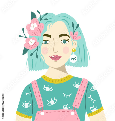 Portrait of a modern girl with mint hair with flowers in her hair. Vector flat illustration isolated on white background.