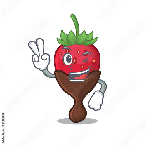 mascot of funny chocolate strawberry cartoon Character with two fingers