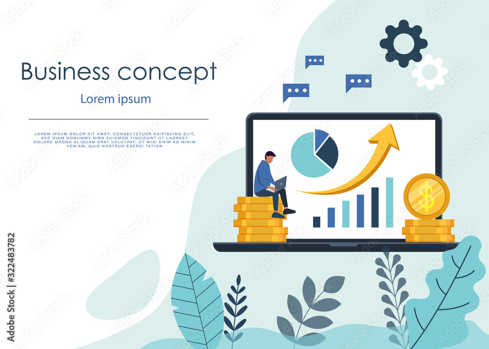 Businessman sitting on coin stack with laptop and stock market graph. Stock market investment and business analysis concept.