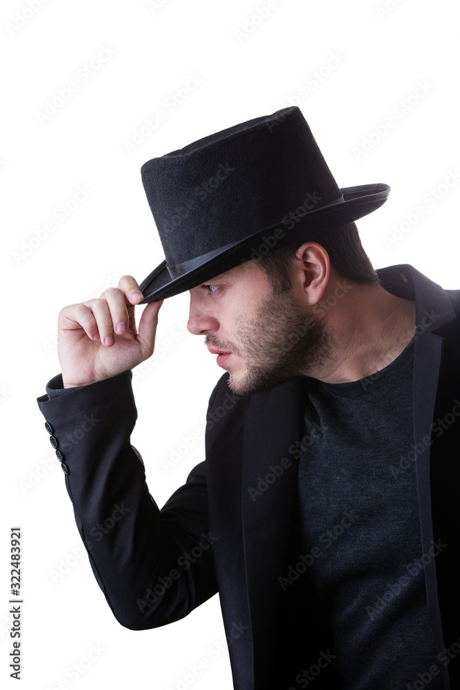 Man in black hat and jacket on side isolated Man in black hat and jacket on side isolated