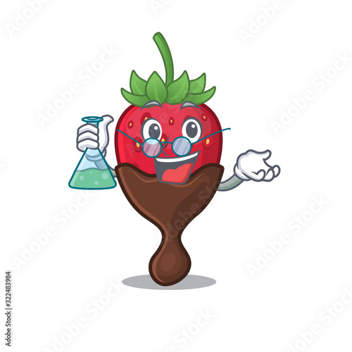Cool chocolate strawberry Professor cartoon character with glass tube