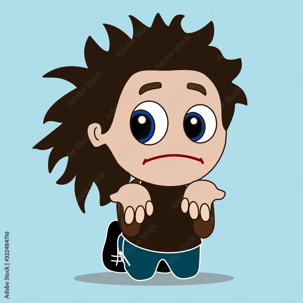 Fototapeta premium poor sorry boy that is standing on his knees and begging for help or mercy or asking for forgiveness w. stretched palms and upset and miserable expression on his face w. pulled down lip corners