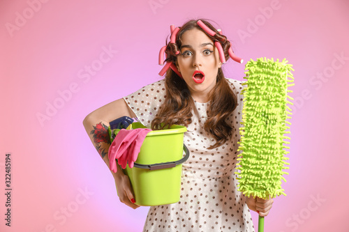 Funny housewife on color ba...