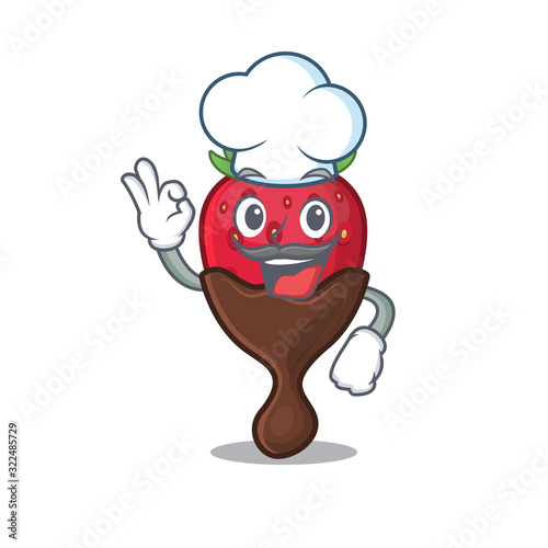 Chocolate strawberry cartoon character working as a chef and wearing white hat