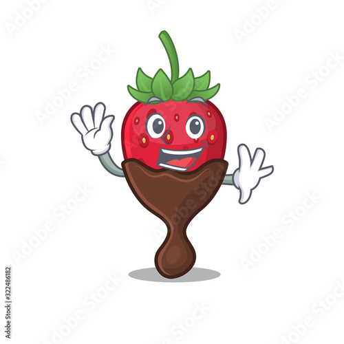 Waving friendly chocolate strawberry mascot design style