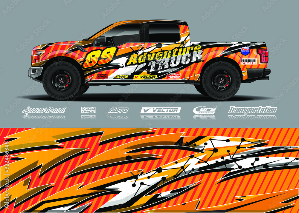 Truck wrap design vector kit. Modern sport graphics. Abstract stripe racing and grunge background for wrap all vehicle, race car, rally, adventure vehicle and car livery.
