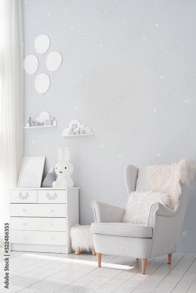 Pastel grey monochrome decoration. Unisex nursery gender neutral. calm color palette. Baby room in scandinavian style. - obrazy, fototapety, plakaty 