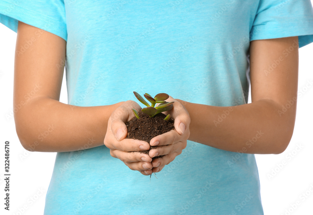 Woman with plant and soil on white background, closeup. Earth day celebration Woman with plant and soil on white background, closeup. Earth day celebration