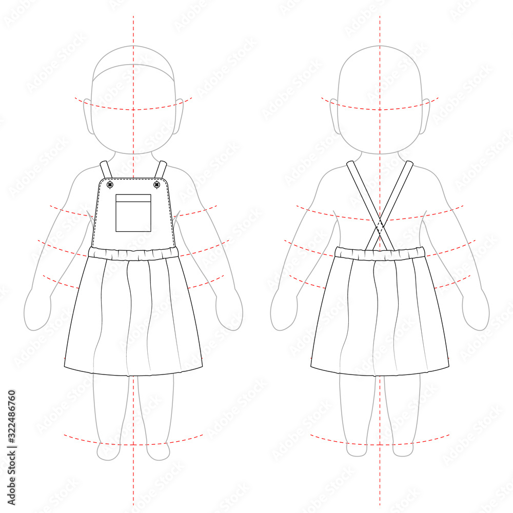 Fashion technical sketch of girls sundress , sarafan in vector graphic Fashion technical sketch of girls sundress , sarafan in vector graphic