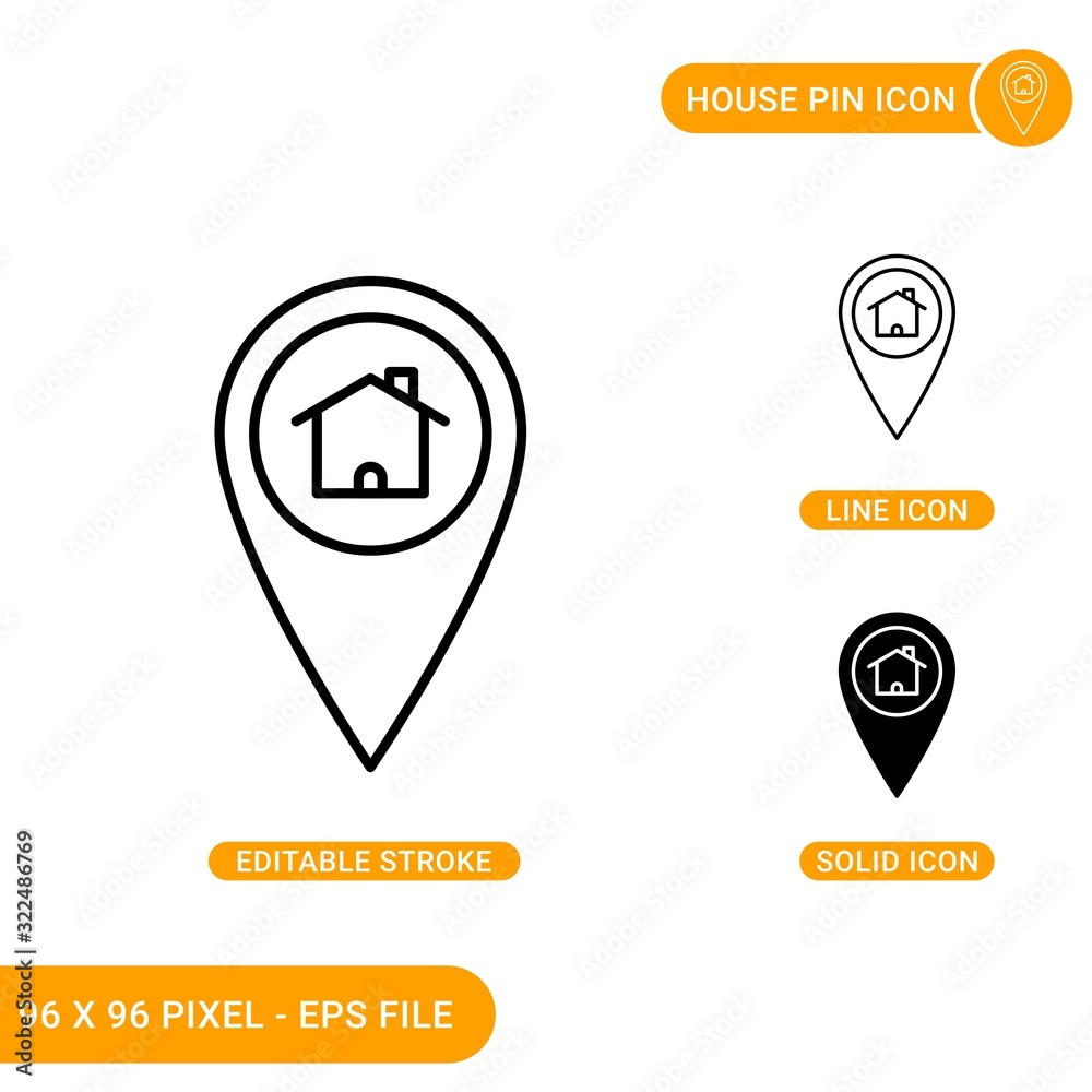 House pin icons set vector illustration with solid icon line style. Map pointer concept. Editable stroke icon on isolated background for web design, infographic and UI mobile app. House pin icons set vector illustration with solid icon line style. Map pointer concept. Editable stroke icon on isolated background for web design, infographic and UI mobile app.