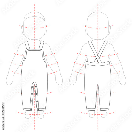 Front and back view of kids denim pants overall . Technical sketch for sewing and fashion design