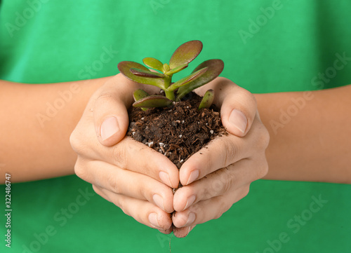 Woman with plant and soil, closeup. Earth day celebration