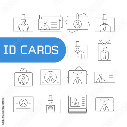 employees id cards and business card icons set line design