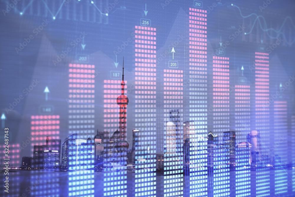 Forex chart on cityscape with tall buildings background multi exposure. Financial research concept.