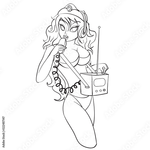 sexy woman holding assault rifle and pistol, outline drawing,