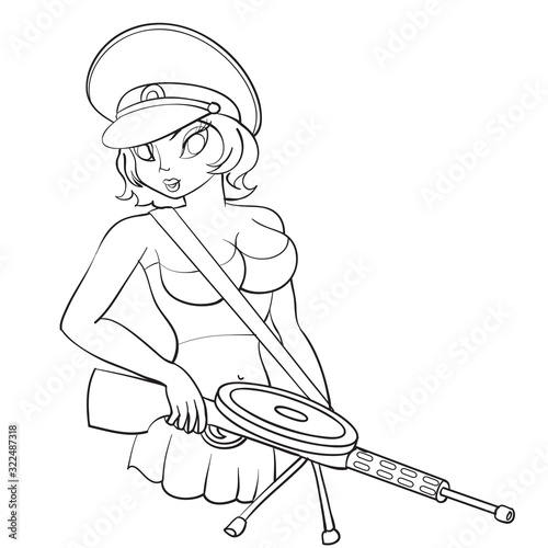 sexy woman holding assault rifle and pistol, outline drawing,