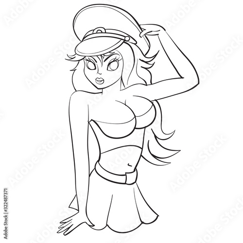 sexy woman holding assault rifle and pistol, outline drawing,
