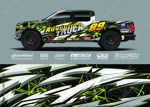 Truck wrap design vector kit. Modern sport graphics. Abstract stripe racing and grunge background for wrap all vehicle, race car, rally, adventure vehicle and car livery.