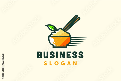 Chinese asian fast food logo bowl rice chopstick leaf delivery icon design vector 