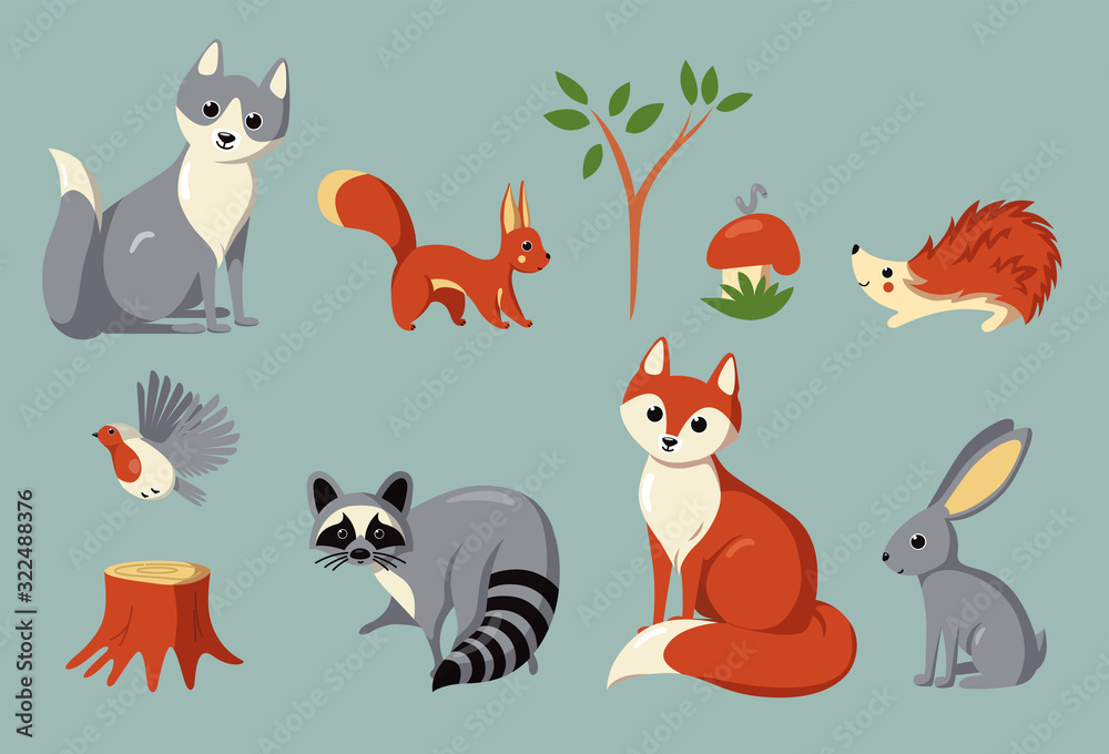 Set of woodland animals, bird, mushroom and plants. Vector illustration in cute cartoon style Set of woodland animals, bird, mushroom and plants. Vector illustration in cute cartoon style