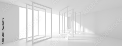 Futuristic Interior Design. White Room with Window. Minimalistic Abstract Architecture Background