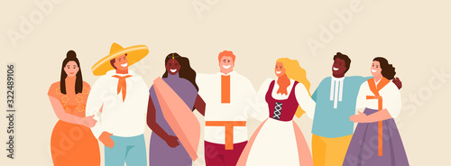 Multinational hugging group of people. Human solidarity day vector illustration