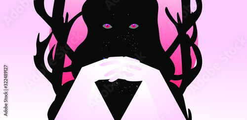 Wendigo (also wetiko), mythological creature with antlers. Conceptual illustration of Chthonic deity or spirit of  underworld.