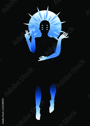 Chthonic Goddess, mythological multi-armed creature with halo or aureole. Conceptual New Age and Occulture illustration of dark deity, spirit of underworld.