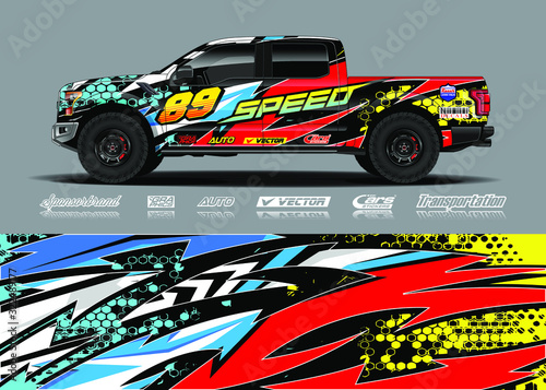 Fototapeta Naklejka Na Ścianę i Meble -  Truck wrap design vector kit. Modern sport graphics. Abstract stripe racing and grunge background for wrap all vehicle, race car, rally, adventure vehicle and car livery.