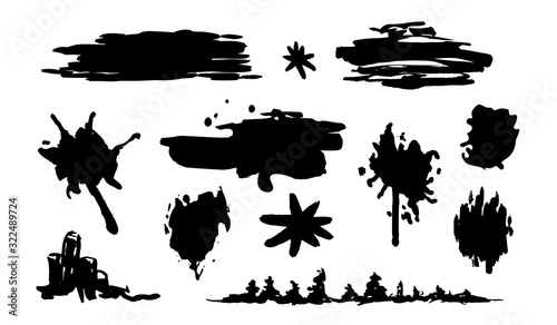 Set of black ink grunge texture blots. Brush paint frames collection. Vector elements isolated on white background.