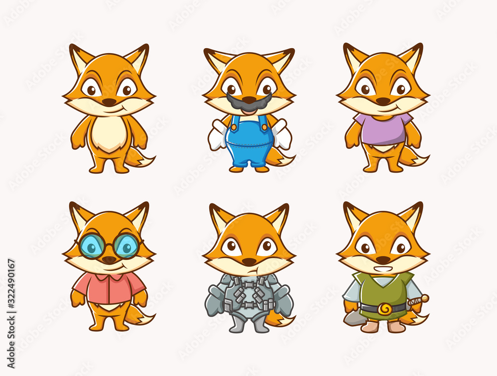 set character illustration of cute fox with different costume and facial expression