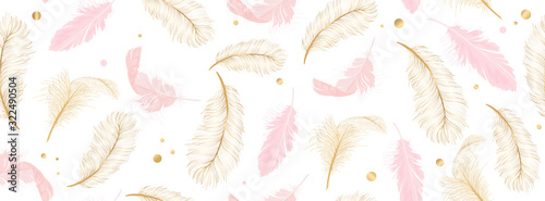 Luxury seamless pattern background with gold and pink feather vector illustration. 