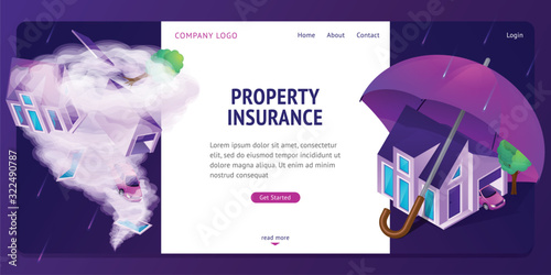 Property insurance isometric landing page. Real estate building stand under huge umbrella, crashed house inside of tornado twister. Home accident protection service, 3d vector illustration, web banner