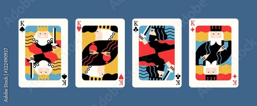 Collection of various king playing cards vector flat illustration. Colorful gamble symbol graphic design isolated. Four of a kind combination, winner poker hand
