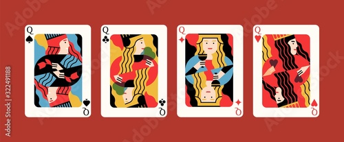 Collection of cartoon different suits playing card queen isolated on red background. Gamble winner poker hand, four of a kind combination, vector flat illustration. Four amusement game symbol.