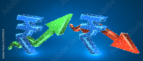 Rupee symbol, arrows set, green growth, and red downtrend. Low poly, wireframe 3d vector illustration. Indian currency and money flow concept. Abstract, polygonal image on blue neon background