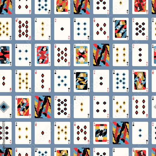 Creative cards playing design seamless pattern isolated on blue background. Colored different card suits for casino game vector flat illustration. Modern cartoon poker gamble graphic symbol