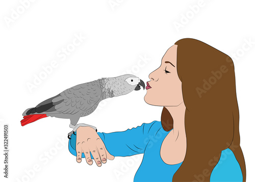  Portrait of girl holding parrot on her hand. African grey parrot jaco and his owner. Realistic vector illustration.