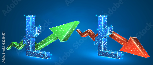 Litecoin symbol, set of arrows, green growth, and red downtrend. Low poly, wireframe 3d vector illustration. Online trading and crypto flow concept. Abstract, polygonal image on blue neon background