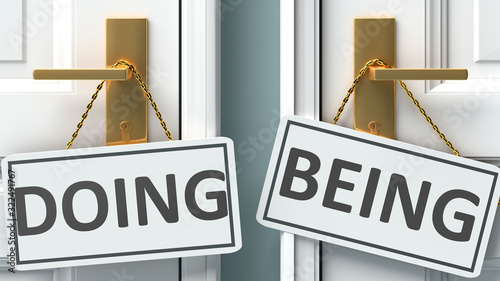 Obraz na plátne Doing or being as a choice in life - pictured as words Doing, being on doors to