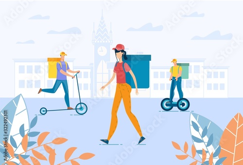 All Types of Food Delivery to Any City Location. Banner Advertisement. Walking Courier and Deliverymen Riding Eco-Friendly Transport as Electric Scooter, Hoverboard Carrying Healthy Meal Basket