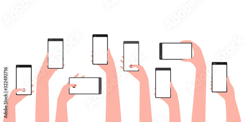 Smartphones in hands. Group people men and women holding phone. People taking photo, video. Record of an interesting event, incident. Vector illustration