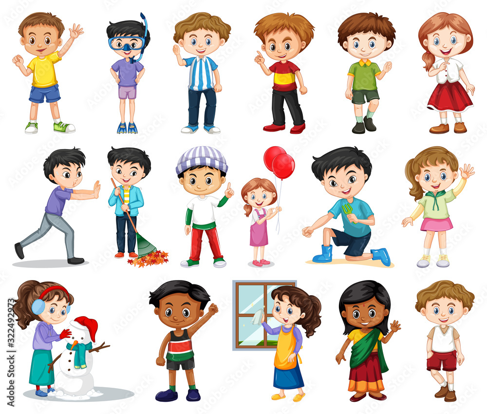 Large set of boys and girls doing different activity on white background Large set of boys and girls doing different activity on white background
