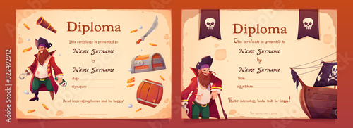 Vector diploma with pirate theme for kids in kindrgarten, preschool or elementary school. Certificate template for award or celebration graduation with cartoon pirate flag, captain and ship