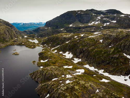 Aerial view. Road and lakes in mountains Norway photo