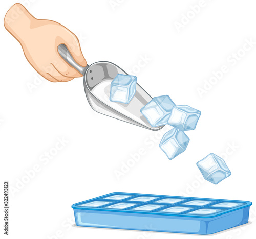 Icecube in spoon and ice tray on white background