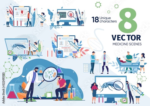 Viral Infection Symptoms, Vaccination Against Dangerous Diseases, Malaria Treatment, Diagnostics Technologies Trendy Flat Vector Scenes, Concepts Set. Hospital Doctor, Sick Patients Illustrations
