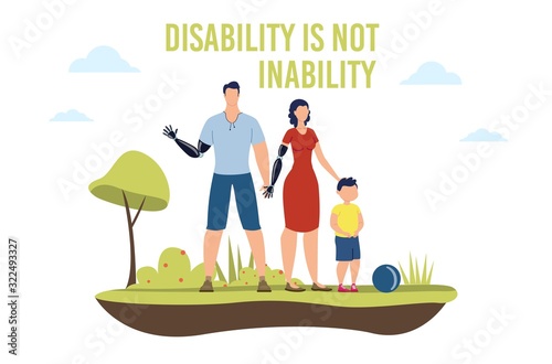 Disabled People Healthy Life Trendy Flat Vector Banner, Poster Template. Disabled Man, Woman, Parents with Hand Amputation, Father and Mother with Robotic Prosthesis Playing Ball with Son Illustration