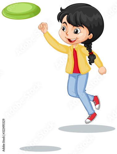 Girl in yellow jacket playing frisbee on white background